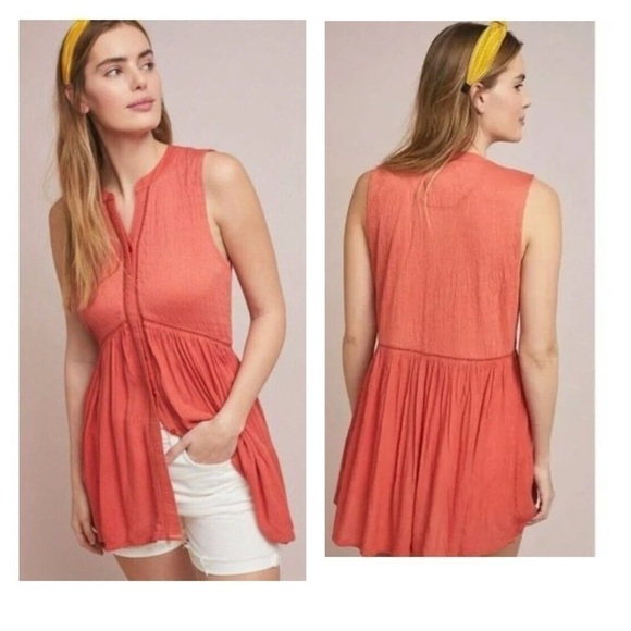 Anthropologie Tops - Anthropologie Nia Burnt Orange Ladder Stitch Boho Button Down Tunic Top Sz XS